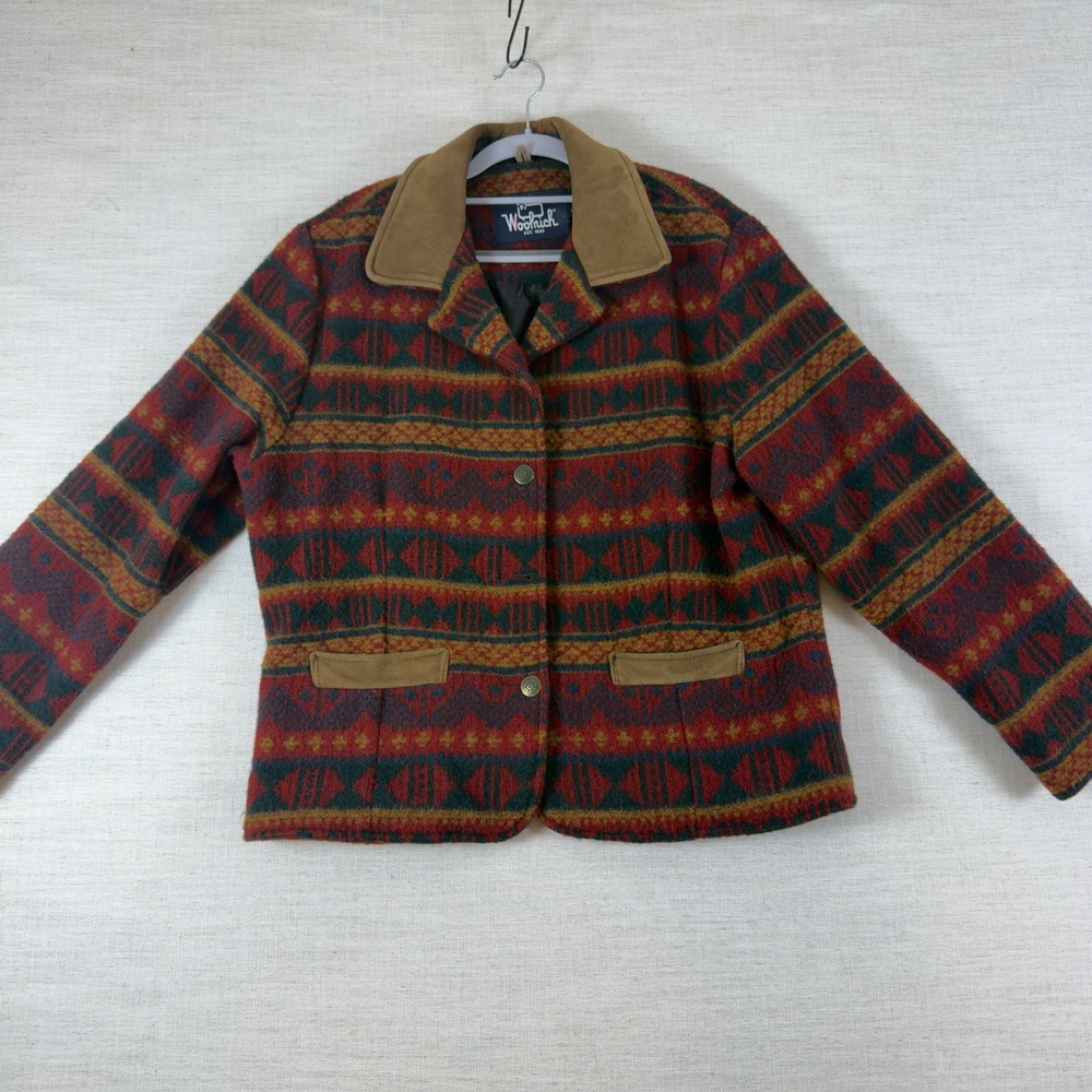 Woolrich Vintage Southwestern Wool Jacket Leather Trim Made in USA 8771CR Medium